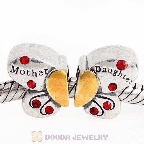 Sterling Silver Mother Daughter Butterfly Beads with Light Siam Austrian Crystal