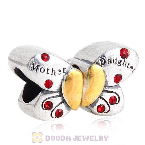 Sterling Silver Mother Daughter Butterfly Beads with Light Siam Austrian Crystal