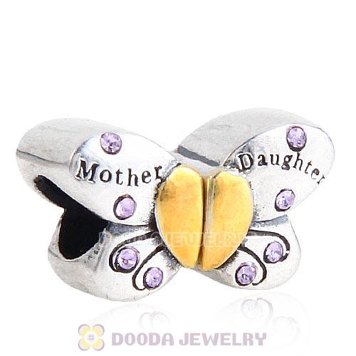 Sterling Silver Mother Daughter Butterfly Beads with Violet Austrian Crystal