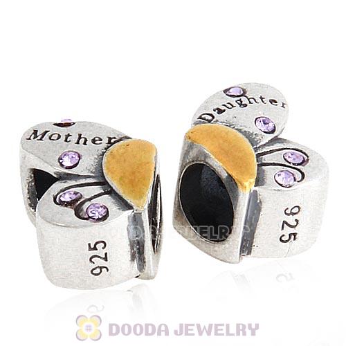 Sterling Silver Mother Daughter Butterfly Beads with Violet Austrian Crystal