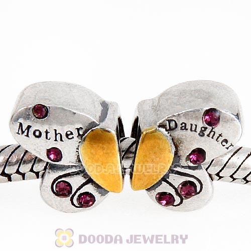 Sterling Silver Mother Daughter Butterfly Beads with Amethyst Austrian Crystal