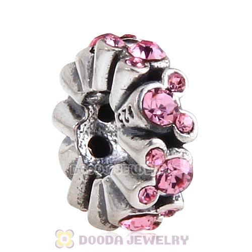 European Sterling Silver Mickey All Around Spacer Charm Beads with Light Rose Austrian Crystal