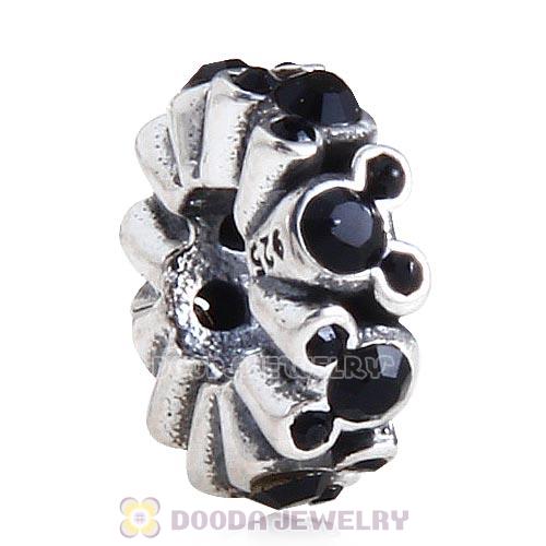 European Sterling Silver Mickey All Around Spacer Charm Beads with Jet Austrian Crystal
