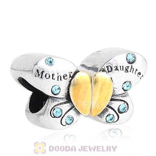 Sterling Silver Mother Daughter Butterfly Beads with Aquamarine Austrian Crystal