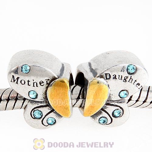 Sterling Silver Mother Daughter Butterfly Beads with Aquamarine Austrian Crystal