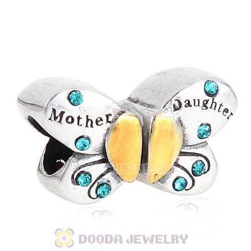 Sterling Silver Mother Daughter Butterfly Beads with Blue Zircon Austrian Crystal