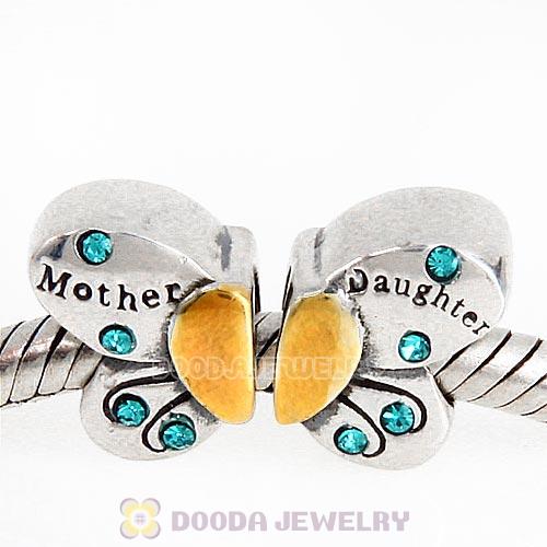 Sterling Silver Mother Daughter Butterfly Beads with Blue Zircon Austrian Crystal