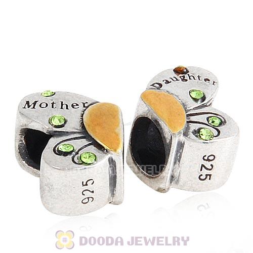 Sterling Silver Mother Daughter Butterfly Beads with Peridot Austrian Crystal