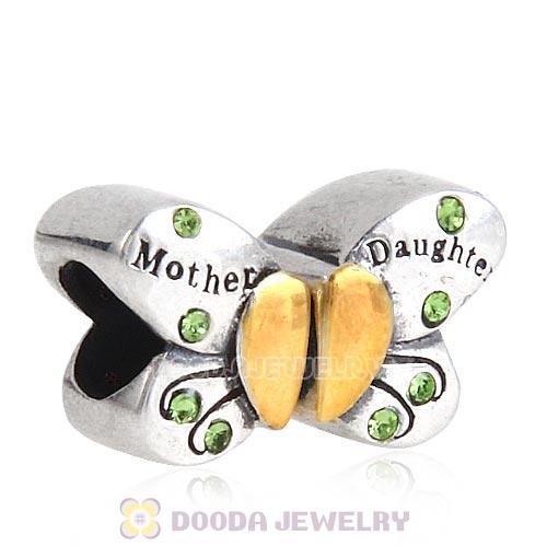 Sterling Silver Mother Daughter Butterfly Beads with Peridot Austrian Crystal