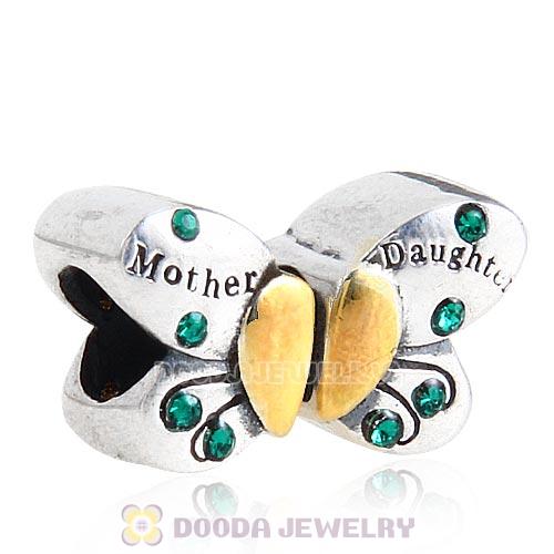 Sterling Silver Mother Daughter Butterfly Beads with Emerald Austrian Crystal