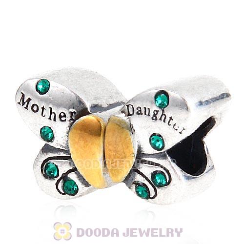 Sterling Silver Mother Daughter Butterfly Beads with Emerald Austrian Crystal