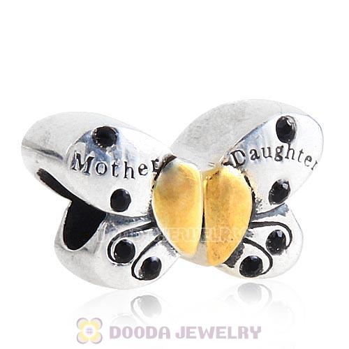 Sterling Silver Mother Daughter Butterfly Beads with Jet Austrian Crystal