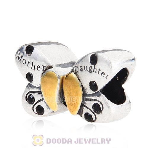 Sterling Silver Mother Daughter Butterfly Beads with Jet Austrian Crystal