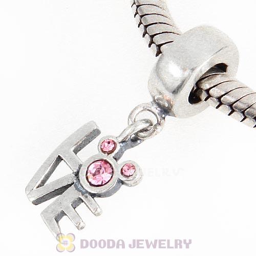 Sterling Silver Dangle Love Mickey Charm with Light Rose Austrian Crystal