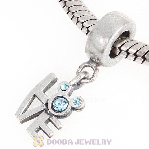 Sterling Silver Dangle Love Mickey Charm with Aquamarine Austrian Crystal
