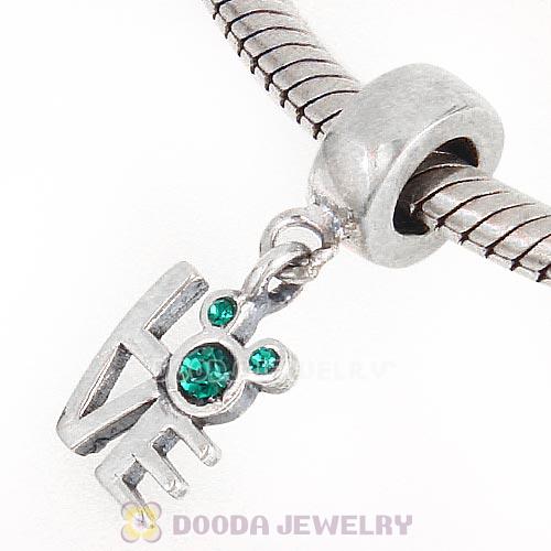 Sterling Silver Dangle Love Mickey Charm with Emerald Austrian Crystal