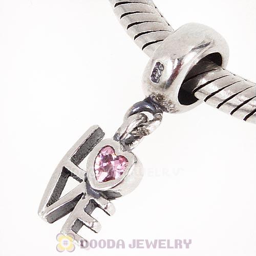 European Style Sterling Silver Dangle LOVE Beads with Pink CZ Stone