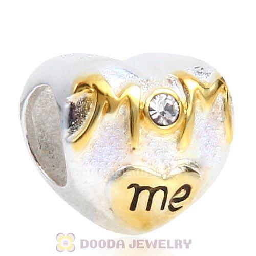 Sterling Silver Gold Plated MOM Love me Heart Beads with Clear Austrian Crystal