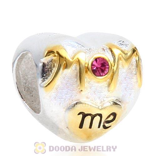 Sterling Silver Gold Plated MOM Love me Heart Beads with Rose Austrian Crystal