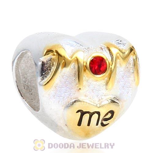 Sterling Silver Gold Plated MOM Love me Heart Beads with Light Siam Austrian Crystal