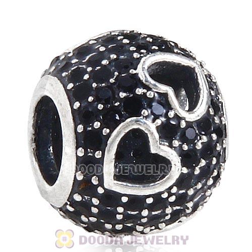 Sterling Silver Tumbling Hearts Charm with Jet Austrian Crystal