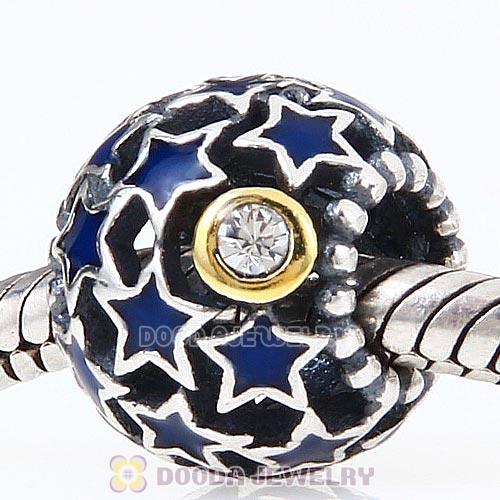 Sterling Silver Gold Plated Night Sky with Blue Stars Enamel Charm and Clear Austrian Crystal