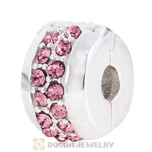 Sterling Silver Clip Beads with Light Rose Austrian Crystal European Style
