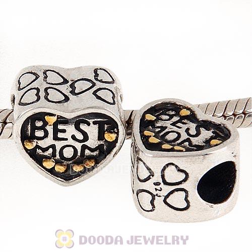 Sterling Silver Gold Plated Love BEST MOM Heart Beads European Style