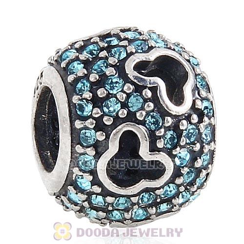 European Style Sterling Silver Mickey Head Charm Pave With Aquamarine Austrian Crystal