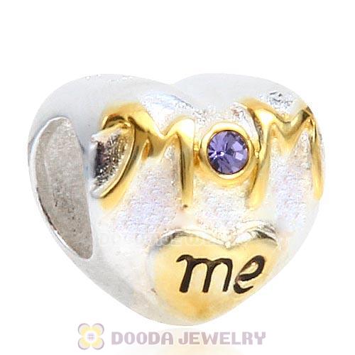 Sterling Silver Gold Plated MOM Love me Heart Beads with Tanzanite Austrian Crystal