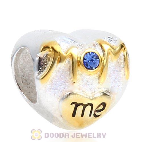 Sterling Silver Gold Plated MOM Love me Heart Beads with Sapphire Austrian Crystal