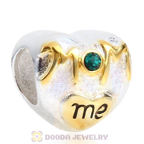 Sterling Silver Gold Plated MOM Love me Heart Beads with Emerald Austrian Crystal