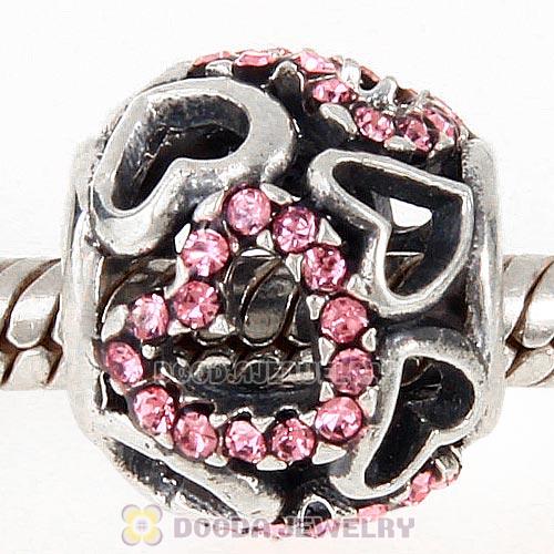 Sterling Silver love Hearts Charm with Light Rose Heart Austrian Crystal