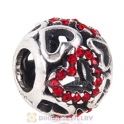 Sterling Silver love Hearts Charm with Light Siam Heart Austrian Crystal
