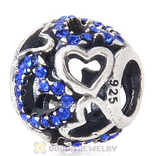 Sterling Silver love Hearts Charm with Sapphire Heart Austrian Crystal