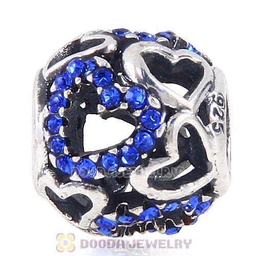 Sterling Silver love Hearts Charm with Sapphire Heart Austrian Crystal