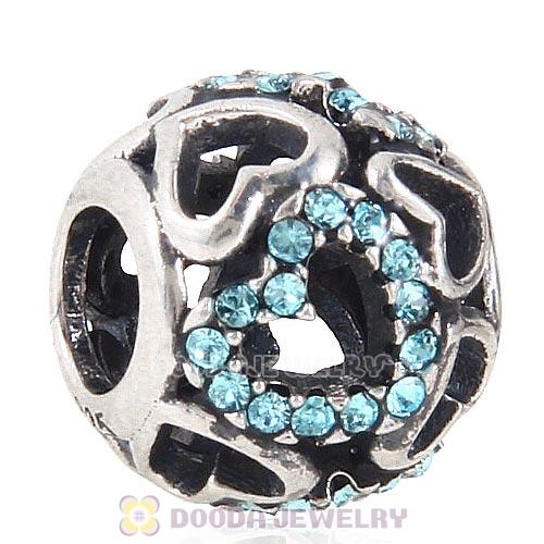 Sterling Silver love Hearts Charm with Aquamarine Heart Austrian Crystal