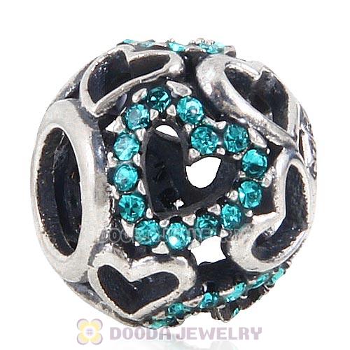 Sterling Silver love Hearts Charm with Blue Zircon Heart Austrian Crystal