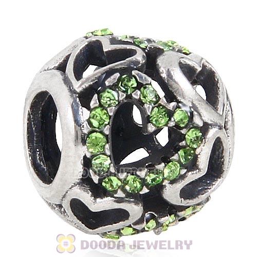 Sterling Silver love Hearts Charm with Peridot Heart Austrian Crystal