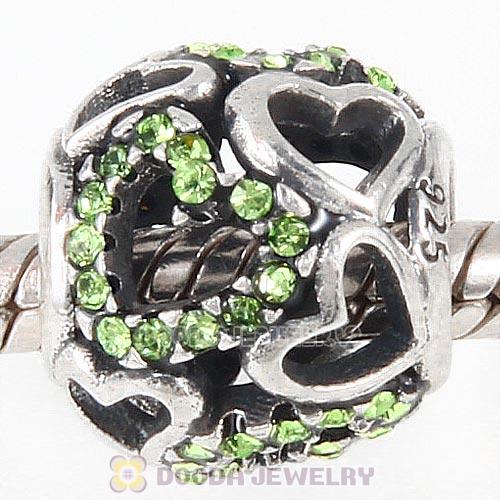 Sterling Silver love Hearts Charm with Peridot Heart Austrian Crystal