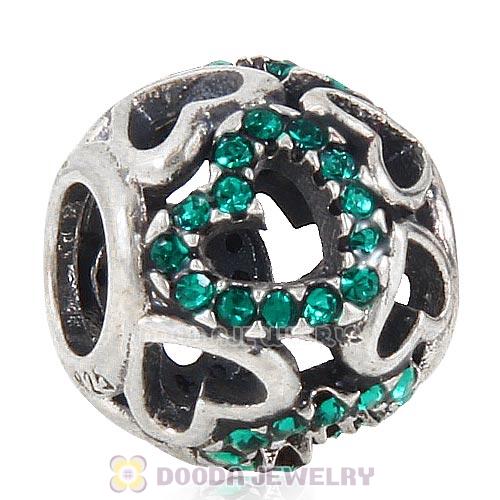 Sterling Silver love Hearts Charm with Emerald Heart Austrian Crystal