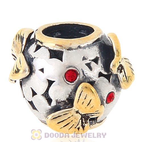 European style Sterling Silver Gold plated Butterfly Charm Bead with Light Siam Austrian Crystal