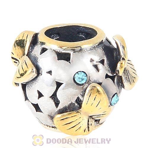 European style Sterling Silver Gold plated Butterfly Charm Bead with Aquamarine Austrian Crystal