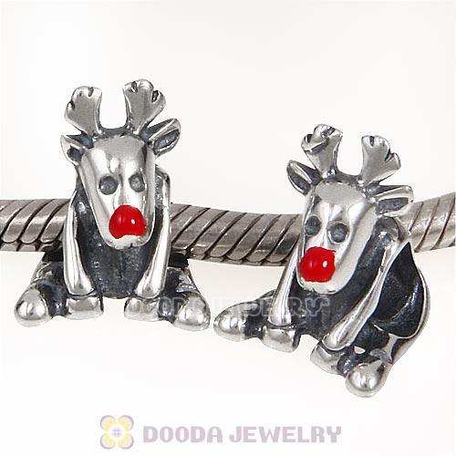 925 Sterling Silver Enamel Christmas Rudolph Reindeer Deer Red Nose Bead