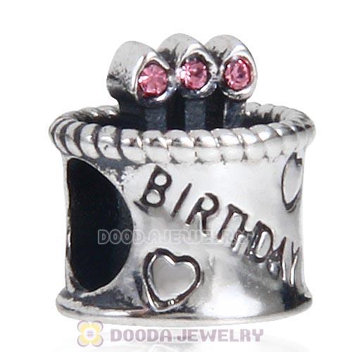 Sterling Silver Birthday Cake Charm Beads with Light Rose Austrian Crystal Wholesale