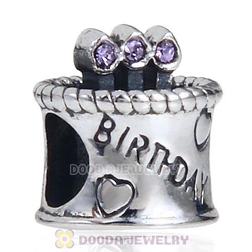 Sterling Silver Birthday Cake Charm Beads with Violet Austrian Crystal Wholesale