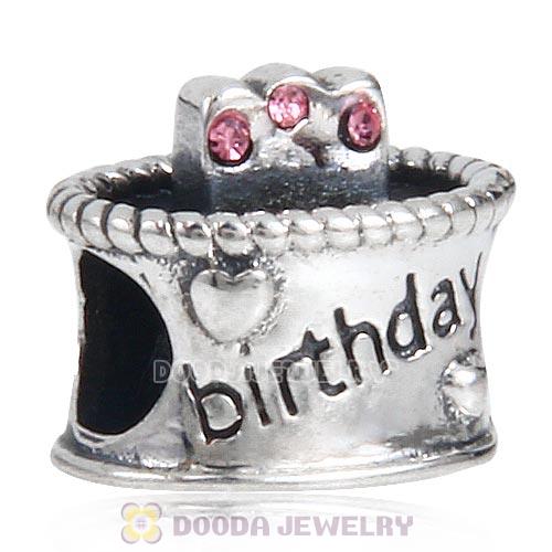 Sterling Silver Birthday Cake Charm Beads with Light Rose Austrian Crystal Wholesale
