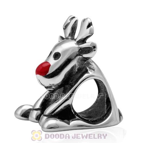 925 Sterling Silver Enamel Christmas Rudolph Reindeer Deer Red Nose Bead