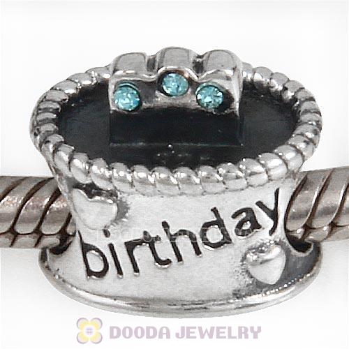 Sterling Silver Birthday Cake Charm Beads with Aquamarine Austrian Crystal Wholesale