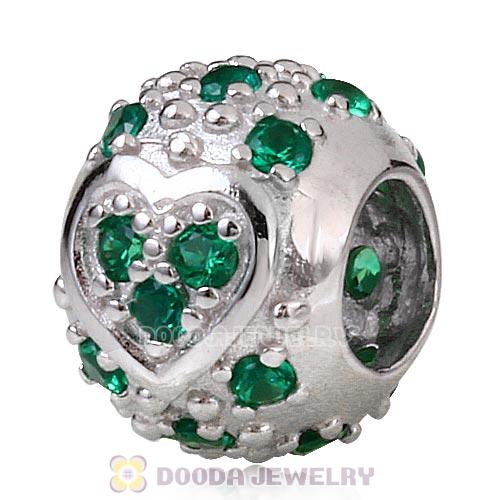 Sterling Silver European Style Heart Beads with Emerald CZ Stone